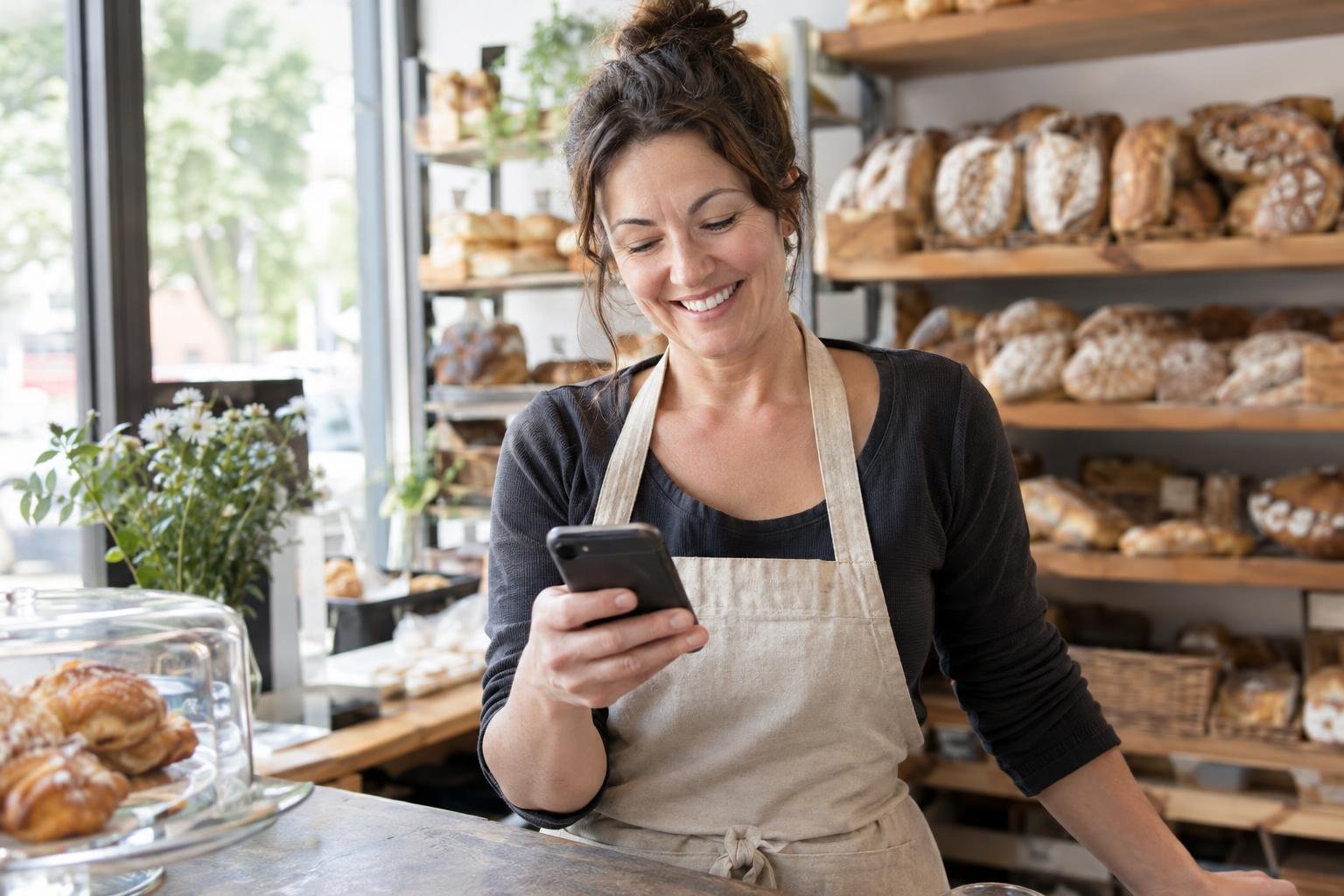 A bakery owner smiling at her new website on her phone behind the counter